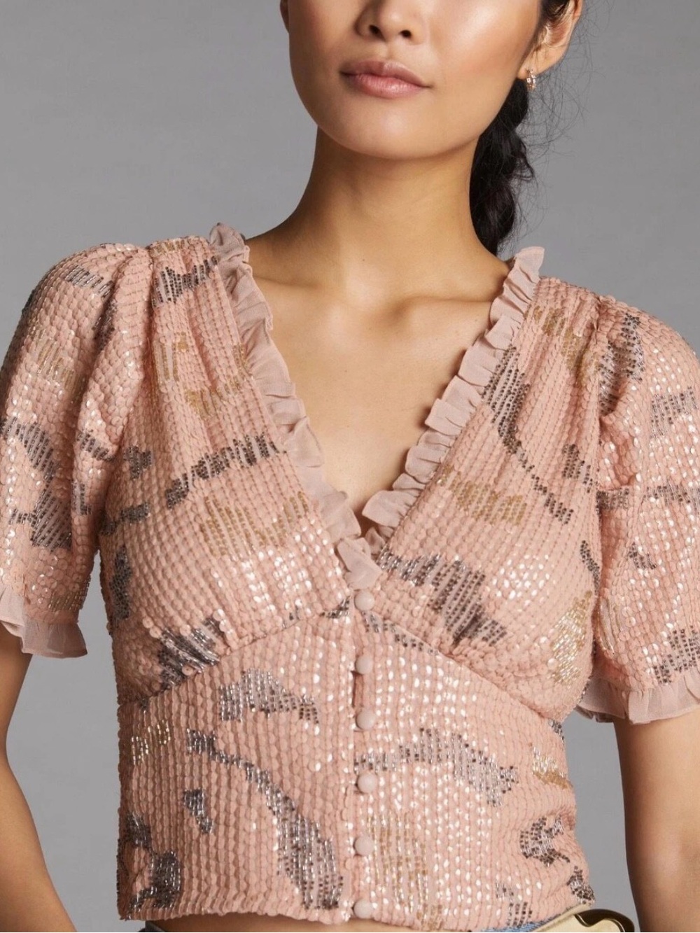 NWT Anthropologie Forever That Girl Sequined V-Neck Blouse Neutral XL $160